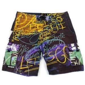 VTG Desigual Multicolor Graffiti Print Mesh Lined Long Length Swim Trunk Mens XL